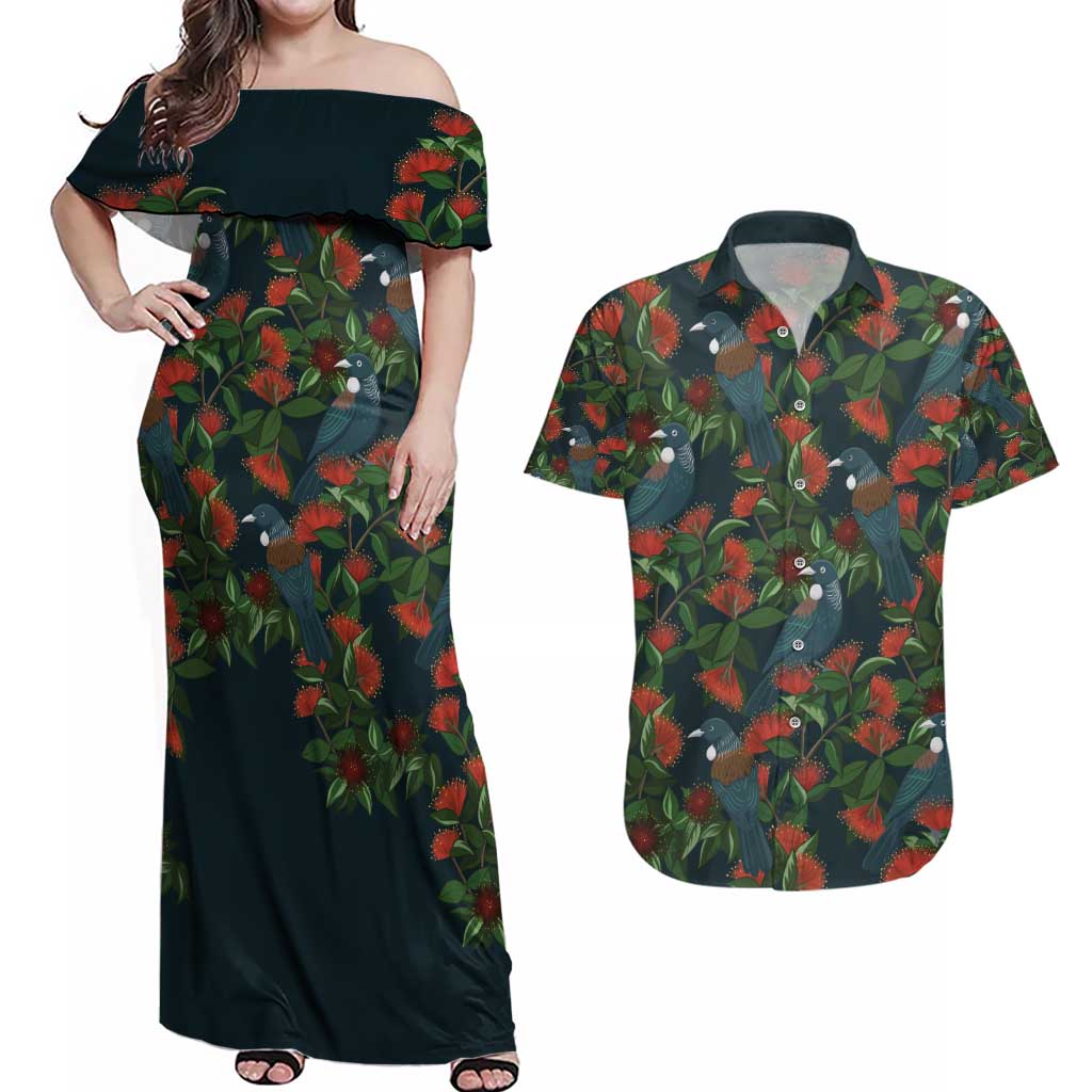 New Zealand Christmas Couples Matching Off Shoulder Maxi Dress and Hawaiian Shirt Romantic Tui Birds on Pohutukawa - Cobalt - Aussie Hoodie