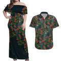 New Zealand Christmas Couples Matching Off Shoulder Maxi Dress and Hawaiian Shirt Romantic Tui Birds on Pohutukawa - Cobalt - Aussie Hoodie