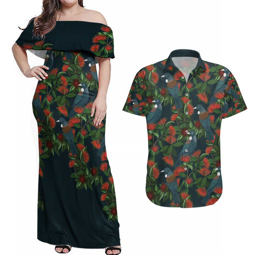 New Zealand Christmas Couples Matching Off Shoulder Maxi Dress and Hawaiian Shirt Romantic Tui Birds on Pohutukawa - Cobalt - Aussie Hoodie