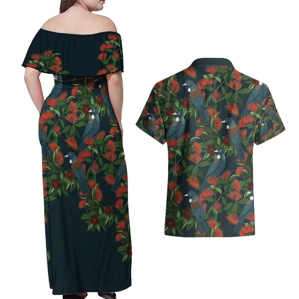 New Zealand Christmas Couples Matching Off Shoulder Maxi Dress and Hawaiian Shirt Romantic Tui Birds on Pohutukawa - Cobalt - Aussie Hoodie