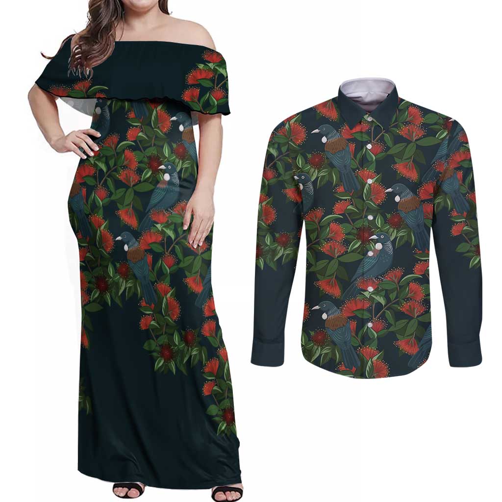 New Zealand Christmas Couples Matching Off Shoulder Maxi Dress and Long Sleeve Button Shirt Romantic Tui Birds on Pohutukawa - Cobalt - Aussie Hoodie
