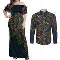 New Zealand Christmas Couples Matching Off Shoulder Maxi Dress and Long Sleeve Button Shirt Romantic Tui Birds on Pohutukawa - Cobalt - Aussie Hoodie