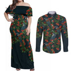 New Zealand Christmas Couples Matching Off Shoulder Maxi Dress and Long Sleeve Button Shirt Romantic Tui Birds on Pohutukawa - Cobalt - Aussie Hoodie