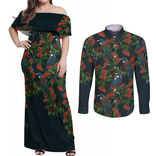 New Zealand Christmas Couples Matching Off Shoulder Maxi Dress and Long Sleeve Button Shirt Romantic Tui Birds on Pohutukawa - Cobalt - Aussie Hoodie