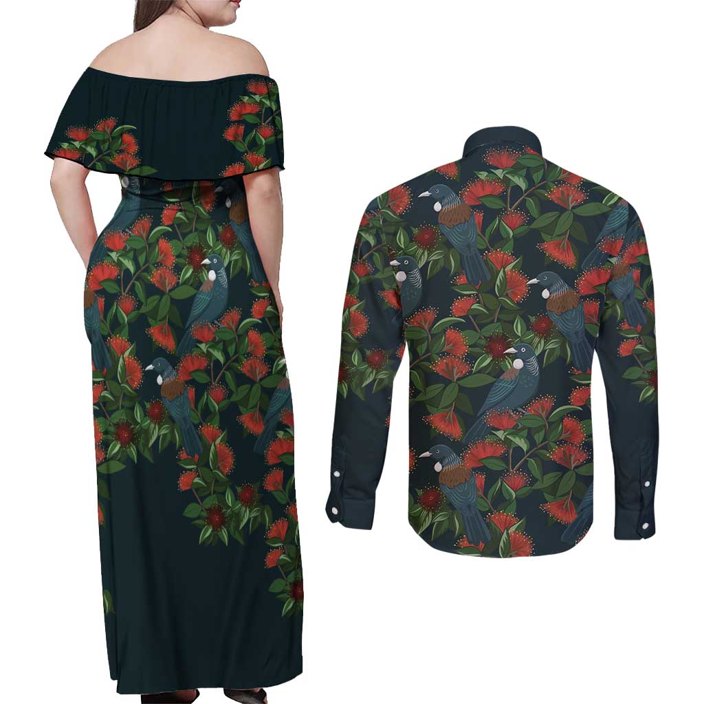 New Zealand Christmas Couples Matching Off Shoulder Maxi Dress and Long Sleeve Button Shirt Romantic Tui Birds on Pohutukawa - Cobalt - Aussie Hoodie