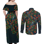 New Zealand Christmas Couples Matching Off Shoulder Maxi Dress and Long Sleeve Button Shirt Romantic Tui Birds on Pohutukawa - Cobalt - Aussie Hoodie