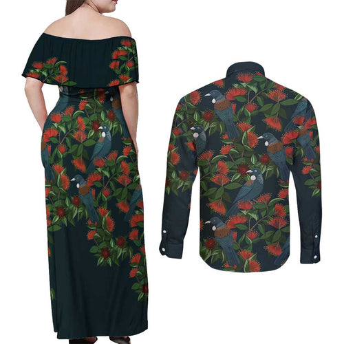 New Zealand Christmas Couples Matching Off Shoulder Maxi Dress and Long Sleeve Button Shirt Romantic Tui Birds on Pohutukawa - Cobalt - Aussie Hoodie