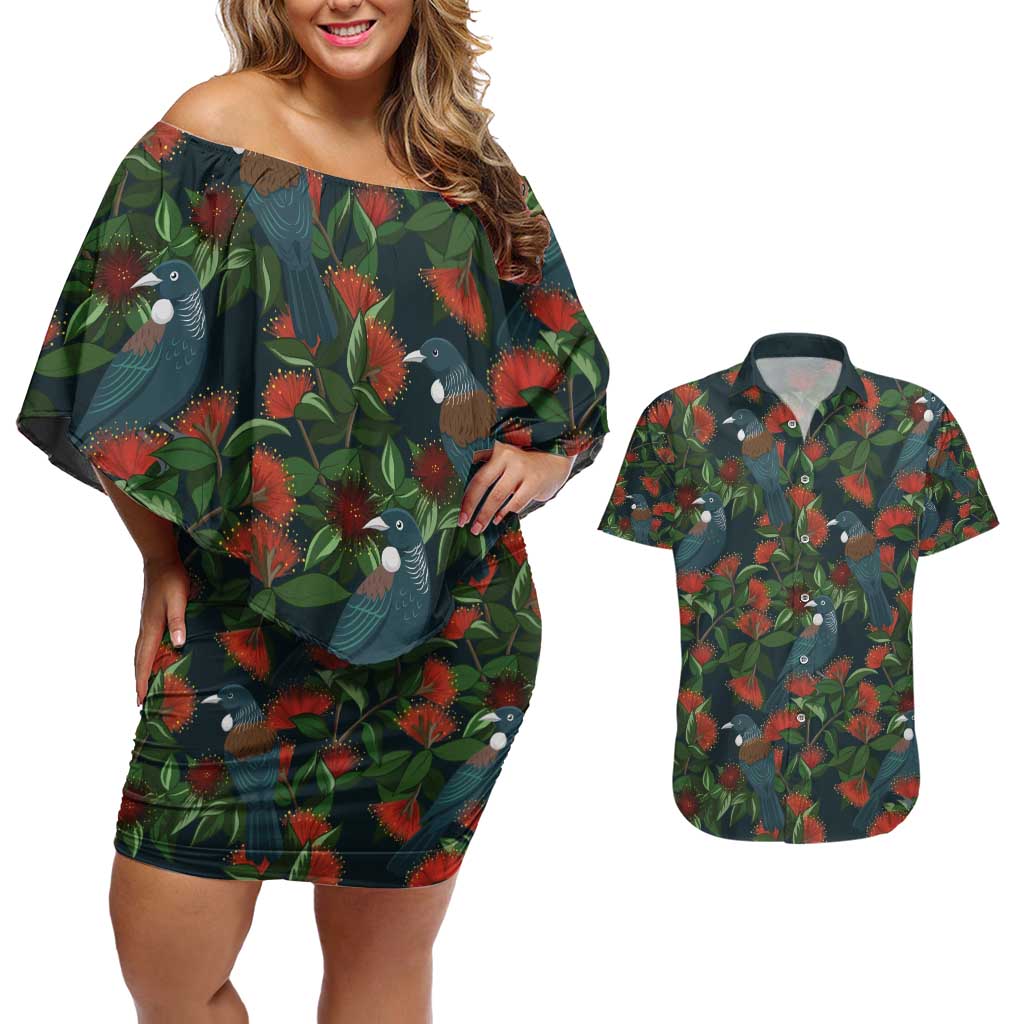 New Zealand Christmas Couples Matching Off Shoulder Short Dress and Hawaiian Shirt Romantic Tui Birds on Pohutukawa - Cobalt - Aussie Hoodie