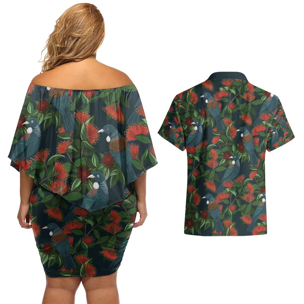 New Zealand Christmas Couples Matching Off Shoulder Short Dress and Hawaiian Shirt Romantic Tui Birds on Pohutukawa - Cobalt - Aussie Hoodie