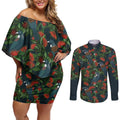 New Zealand Christmas Couples Matching Off Shoulder Short Dress and Long Sleeve Button Shirt Romantic Tui Birds on Pohutukawa - Cobalt - Aussie Hoodie