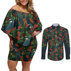 New Zealand Christmas Couples Matching Off Shoulder Short Dress and Long Sleeve Button Shirt Romantic Tui Birds on Pohutukawa - Cobalt - Aussie Hoodie