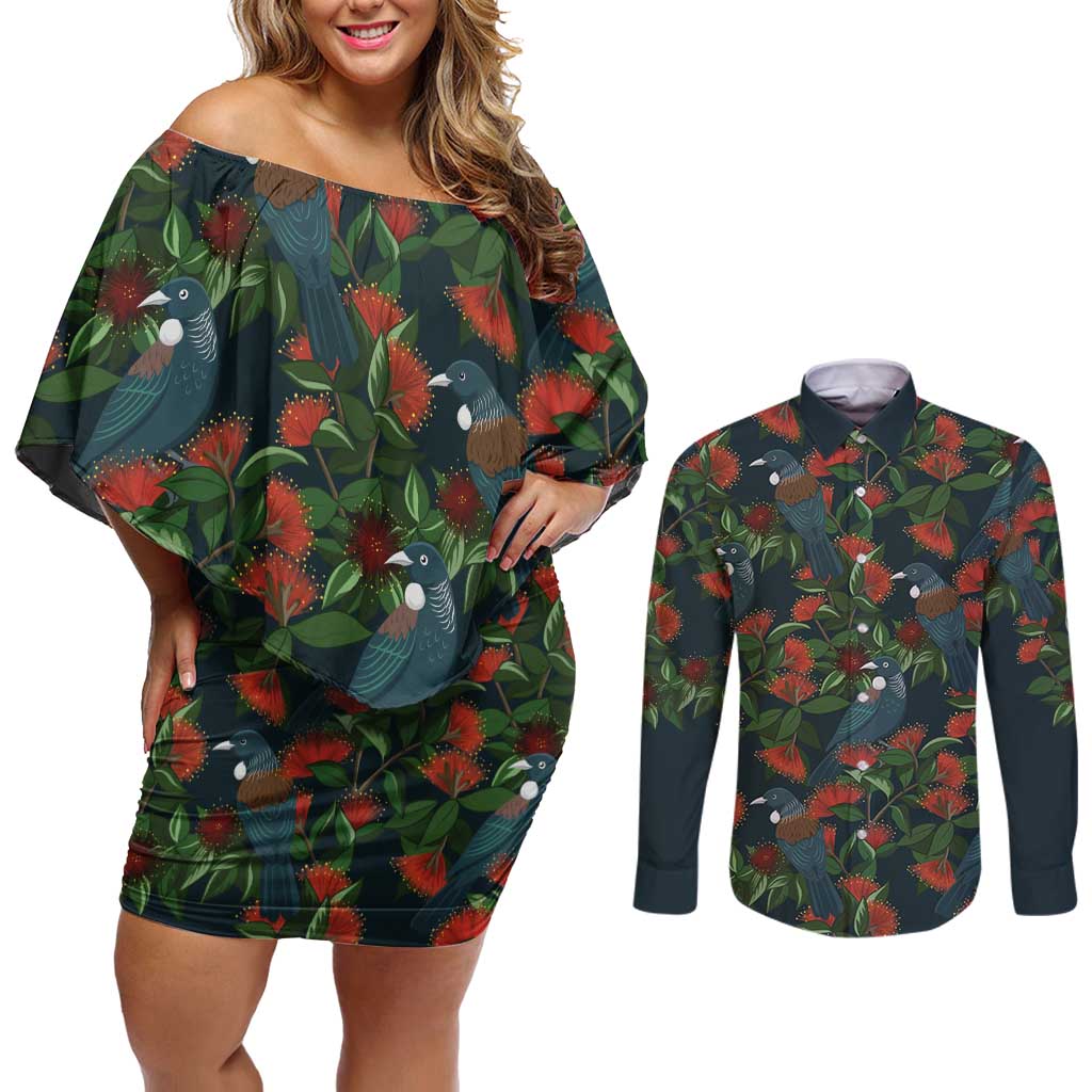 New Zealand Christmas Couples Matching Off Shoulder Short Dress and Long Sleeve Button Shirt Romantic Tui Birds on Pohutukawa - Cobalt - Aussie Hoodie