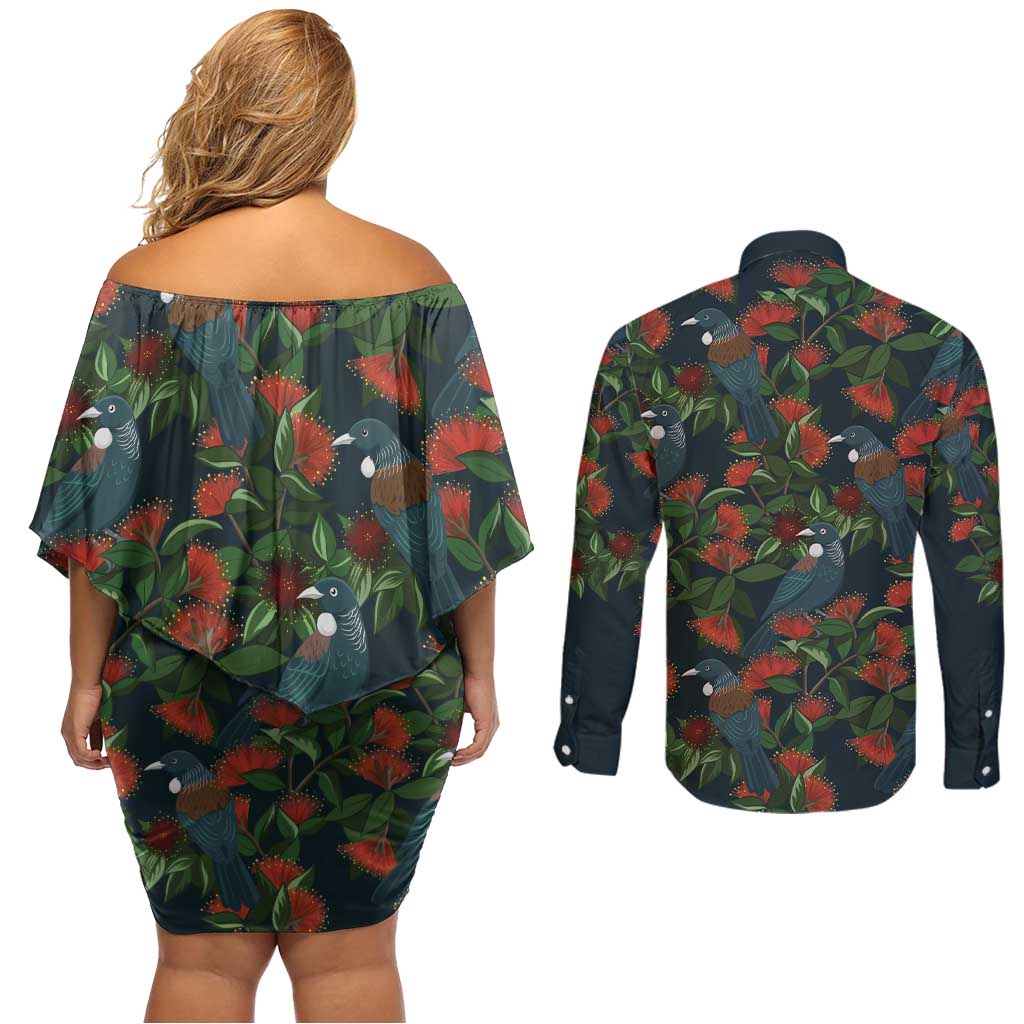 New Zealand Christmas Couples Matching Off Shoulder Short Dress and Long Sleeve Button Shirt Romantic Tui Birds on Pohutukawa - Cobalt - Aussie Hoodie