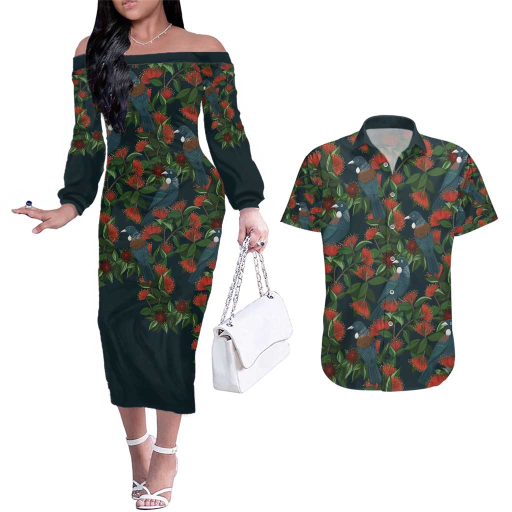 New Zealand Christmas Couples Matching Off The Shoulder Long Sleeve Dress and Hawaiian Shirt Romantic Tui Birds on Pohutukawa - Cobalt - Aussie Hoodie