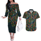 New Zealand Christmas Couples Matching Off The Shoulder Long Sleeve Dress and Hawaiian Shirt Romantic Tui Birds on Pohutukawa - Cobalt - Aussie Hoodie