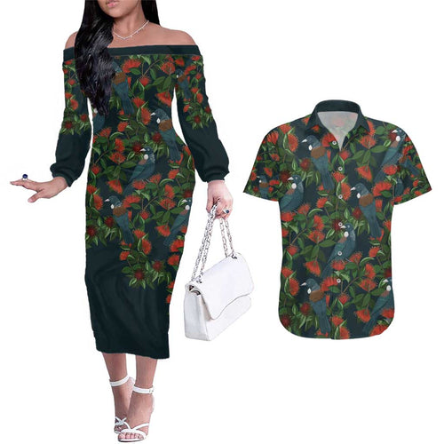 New Zealand Christmas Couples Matching Off The Shoulder Long Sleeve Dress and Hawaiian Shirt Romantic Tui Birds on Pohutukawa - Cobalt - Aussie Hoodie