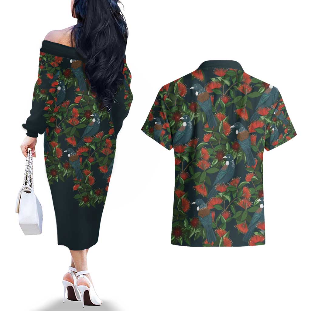 New Zealand Christmas Couples Matching Off The Shoulder Long Sleeve Dress and Hawaiian Shirt Romantic Tui Birds on Pohutukawa - Cobalt - Aussie Hoodie