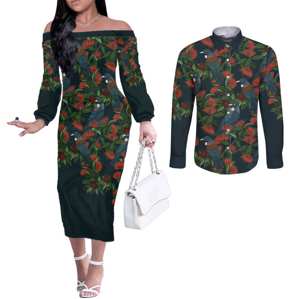 New Zealand Christmas Couples Matching Off The Shoulder Long Sleeve Dress and Long Sleeve Button Shirt Romantic Tui Birds on Pohutukawa - Cobalt - Aussie Hoodie