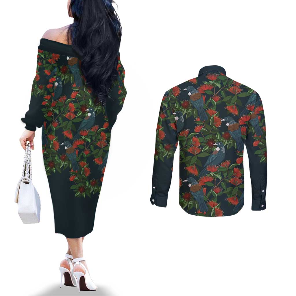 New Zealand Christmas Couples Matching Off The Shoulder Long Sleeve Dress and Long Sleeve Button Shirt Romantic Tui Birds on Pohutukawa - Cobalt - Aussie Hoodie