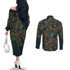 New Zealand Christmas Couples Matching Off The Shoulder Long Sleeve Dress and Long Sleeve Button Shirt Romantic Tui Birds on Pohutukawa - Cobalt - Aussie Hoodie