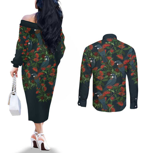 New Zealand Christmas Couples Matching Off The Shoulder Long Sleeve Dress and Long Sleeve Button Shirt Romantic Tui Birds on Pohutukawa - Cobalt - Aussie Hoodie