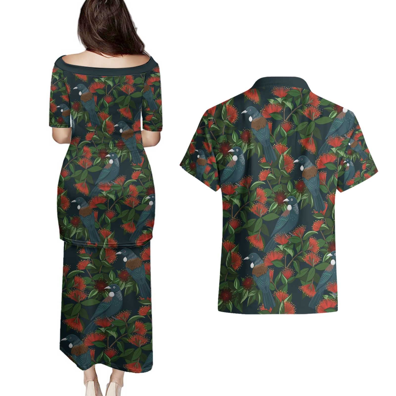 New Zealand Christmas Couples Matching Puletasi and Hawaiian Shirt Romantic Tui Birds on Pohutukawa - Cobalt - Aussie Hoodie