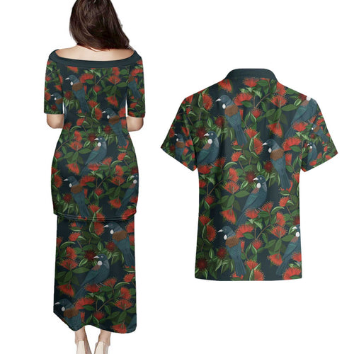 New Zealand Christmas Couples Matching Puletasi and Hawaiian Shirt Romantic Tui Birds on Pohutukawa - Cobalt - Aussie Hoodie