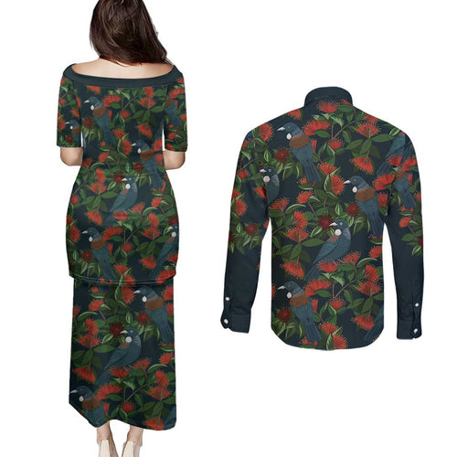 New Zealand Christmas Couples Matching Puletasi and Long Sleeve Button Shirt Romantic Tui Birds on Pohutukawa - Cobalt - Aussie Hoodie