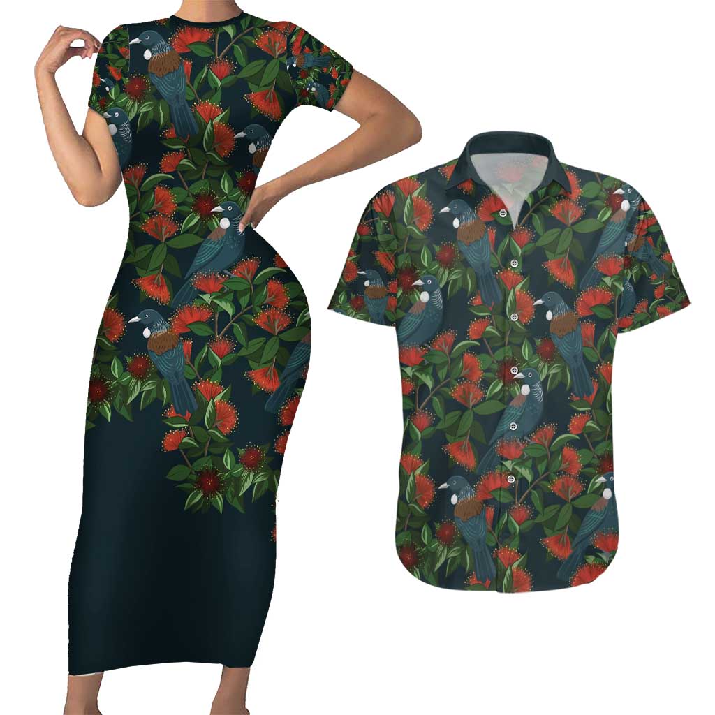 New Zealand Christmas Couples Matching Short Sleeve Bodycon Dress and Hawaiian Shirt Romantic Tui Birds on Pohutukawa - Cobalt - Aussie Hoodie