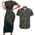 New Zealand Christmas Couples Matching Short Sleeve Bodycon Dress and Hawaiian Shirt Romantic Tui Birds on Pohutukawa - Cobalt - Aussie Hoodie