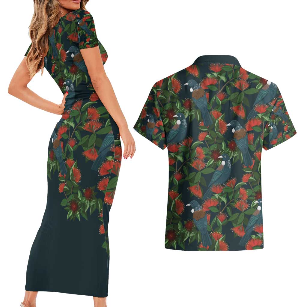 New Zealand Christmas Couples Matching Short Sleeve Bodycon Dress and Hawaiian Shirt Romantic Tui Birds on Pohutukawa - Cobalt - Aussie Hoodie
