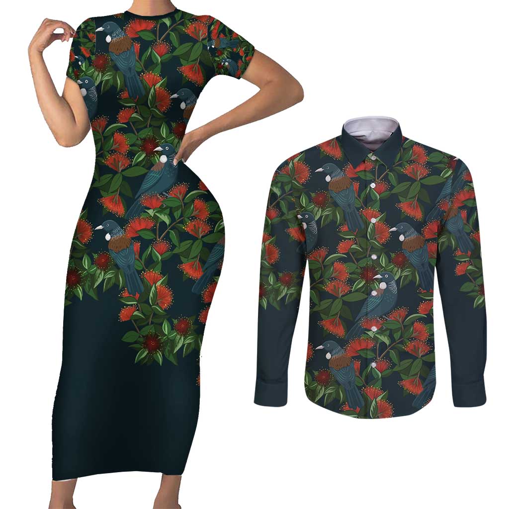 New Zealand Christmas Couples Matching Short Sleeve Bodycon Dress and Long Sleeve Button Shirt Romantic Tui Birds on Pohutukawa - Cobalt - Aussie Hoodie