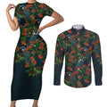 New Zealand Christmas Couples Matching Short Sleeve Bodycon Dress and Long Sleeve Button Shirt Romantic Tui Birds on Pohutukawa - Cobalt - Aussie Hoodie