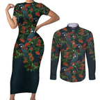 New Zealand Christmas Couples Matching Short Sleeve Bodycon Dress and Long Sleeve Button Shirt Romantic Tui Birds on Pohutukawa - Cobalt - Aussie Hoodie