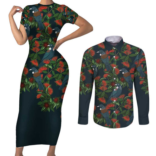New Zealand Christmas Couples Matching Short Sleeve Bodycon Dress and Long Sleeve Button Shirt Romantic Tui Birds on Pohutukawa - Cobalt - Aussie Hoodie