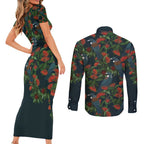 New Zealand Christmas Couples Matching Short Sleeve Bodycon Dress and Long Sleeve Button Shirt Romantic Tui Birds on Pohutukawa - Cobalt - Aussie Hoodie