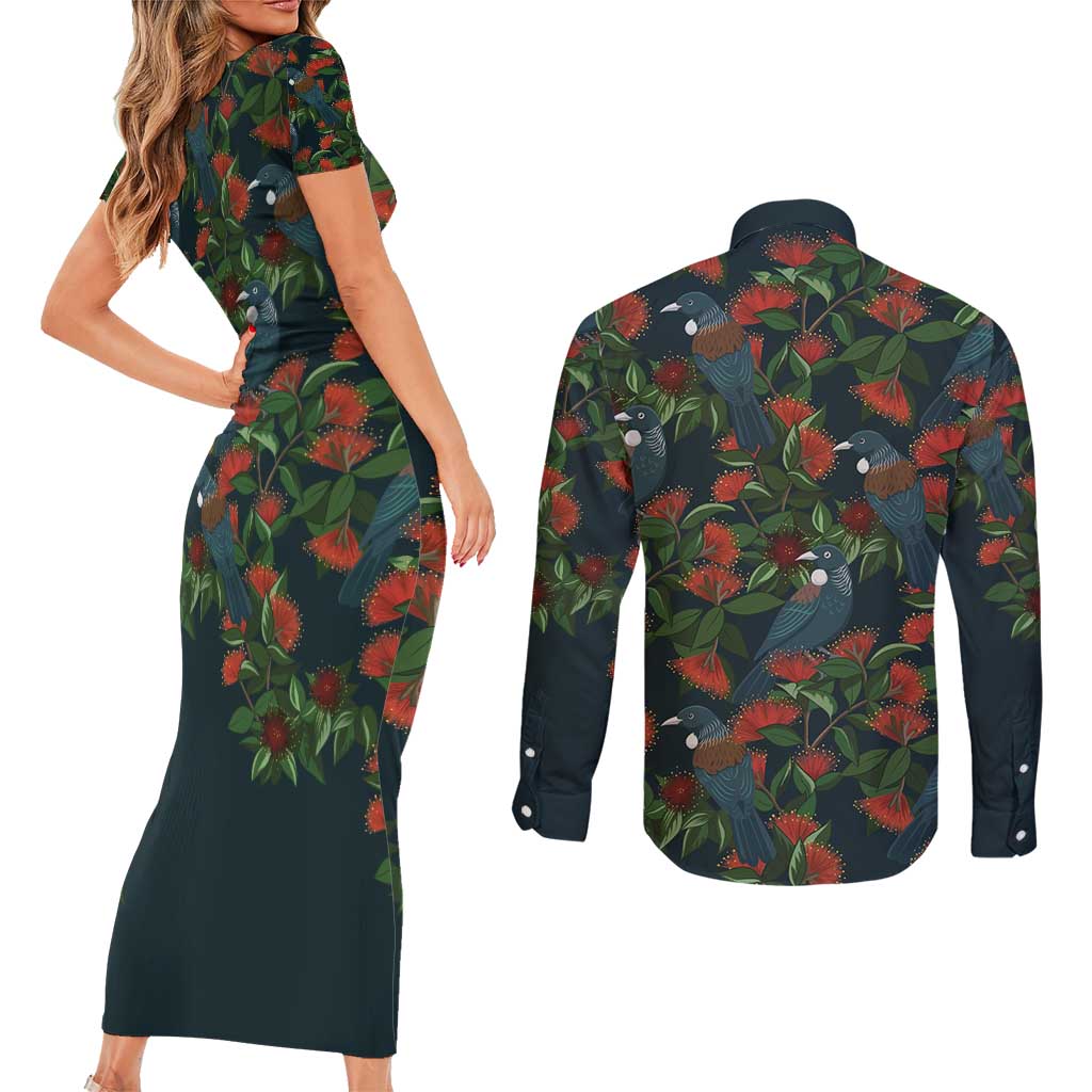 New Zealand Christmas Couples Matching Short Sleeve Bodycon Dress and Long Sleeve Button Shirt Romantic Tui Birds on Pohutukawa - Cobalt - Aussie Hoodie