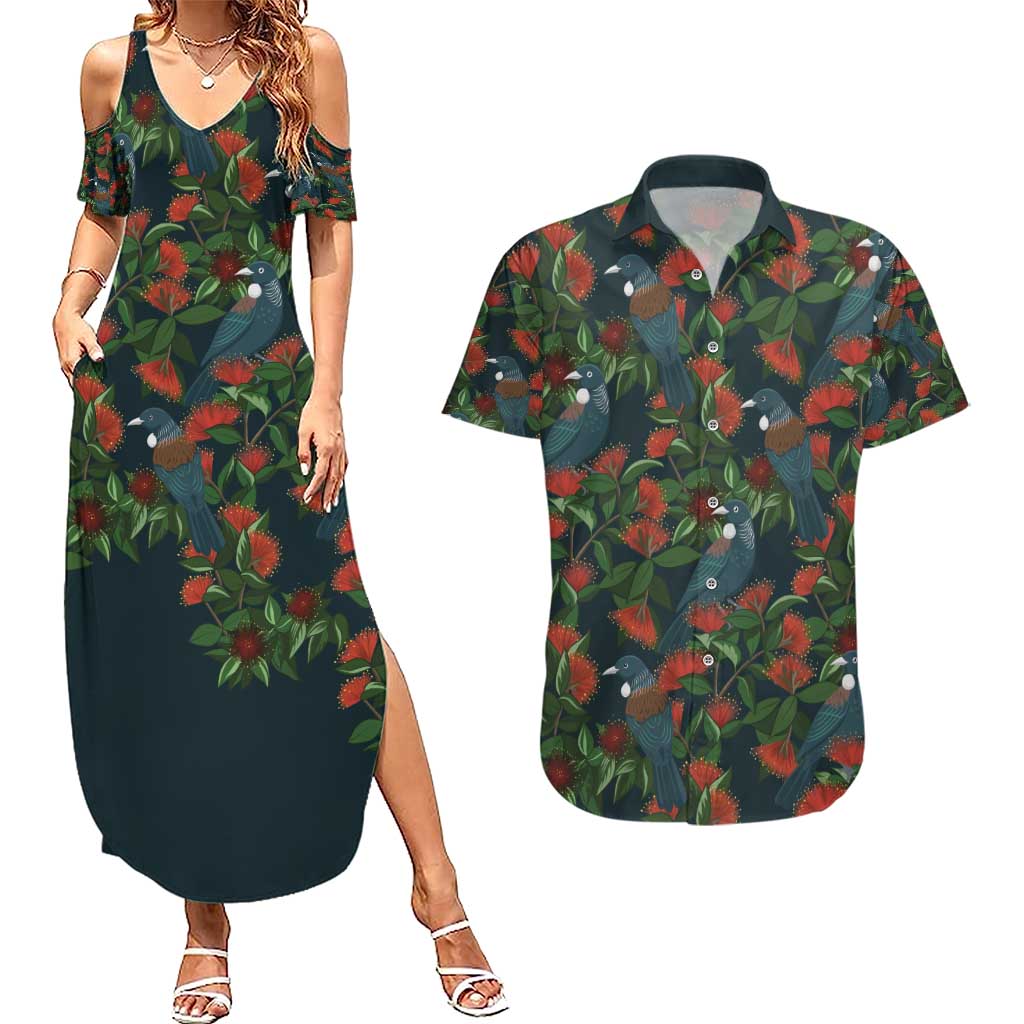 New Zealand Christmas Couples Matching Summer Maxi Dress and Hawaiian Shirt Romantic Tui Birds on Pohutukawa - Cobalt - Aussie Hoodie