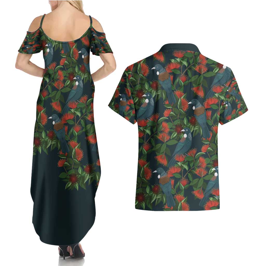New Zealand Christmas Couples Matching Summer Maxi Dress and Hawaiian Shirt Romantic Tui Birds on Pohutukawa - Cobalt - Aussie Hoodie