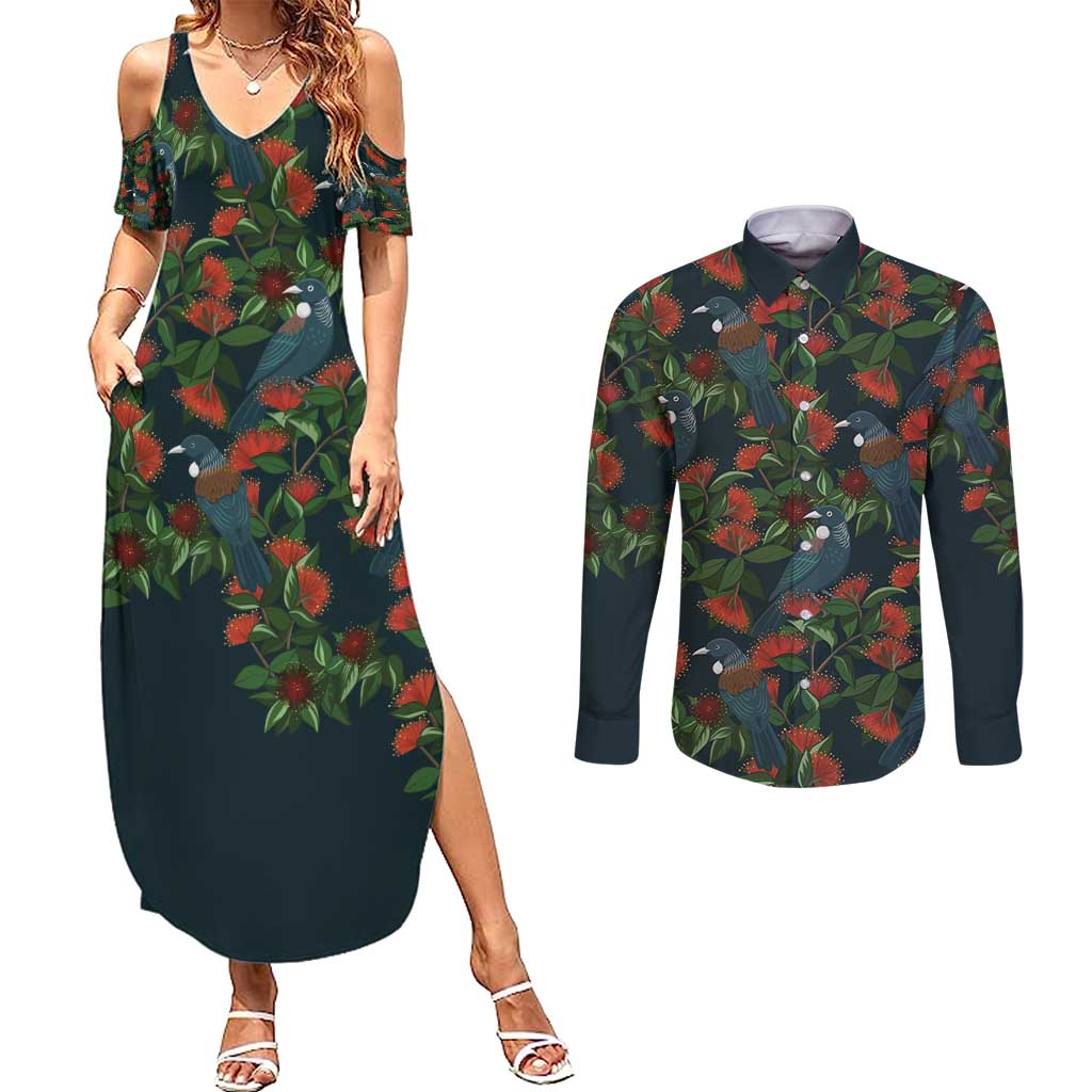 New Zealand Christmas Couples Matching Summer Maxi Dress and Long Sleeve Button Shirt Romantic Tui Birds on Pohutukawa - Cobalt - Aussie Hoodie