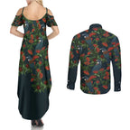 New Zealand Christmas Couples Matching Summer Maxi Dress and Long Sleeve Button Shirt Romantic Tui Birds on Pohutukawa - Cobalt - Aussie Hoodie