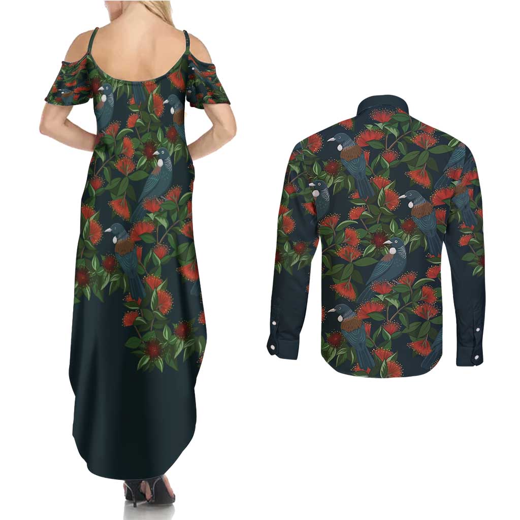 New Zealand Christmas Couples Matching Summer Maxi Dress and Long Sleeve Button Shirt Romantic Tui Birds on Pohutukawa - Cobalt - Aussie Hoodie