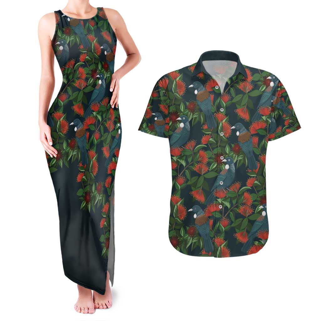 New Zealand Christmas Couples Matching Tank Maxi Dress and Hawaiian Shirt Romantic Tui Birds on Pohutukawa - Cobalt - Aussie Hoodie
