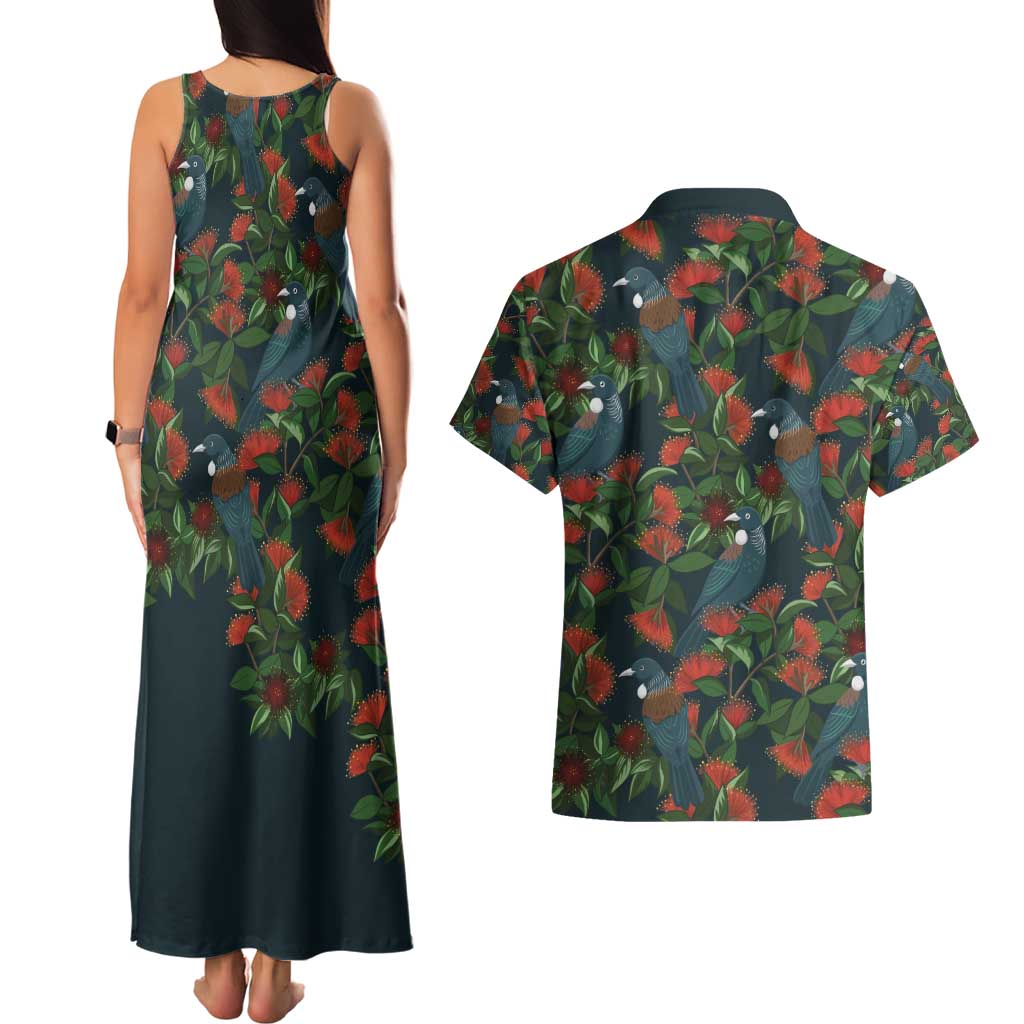 New Zealand Christmas Couples Matching Tank Maxi Dress and Hawaiian Shirt Romantic Tui Birds on Pohutukawa - Cobalt - Aussie Hoodie