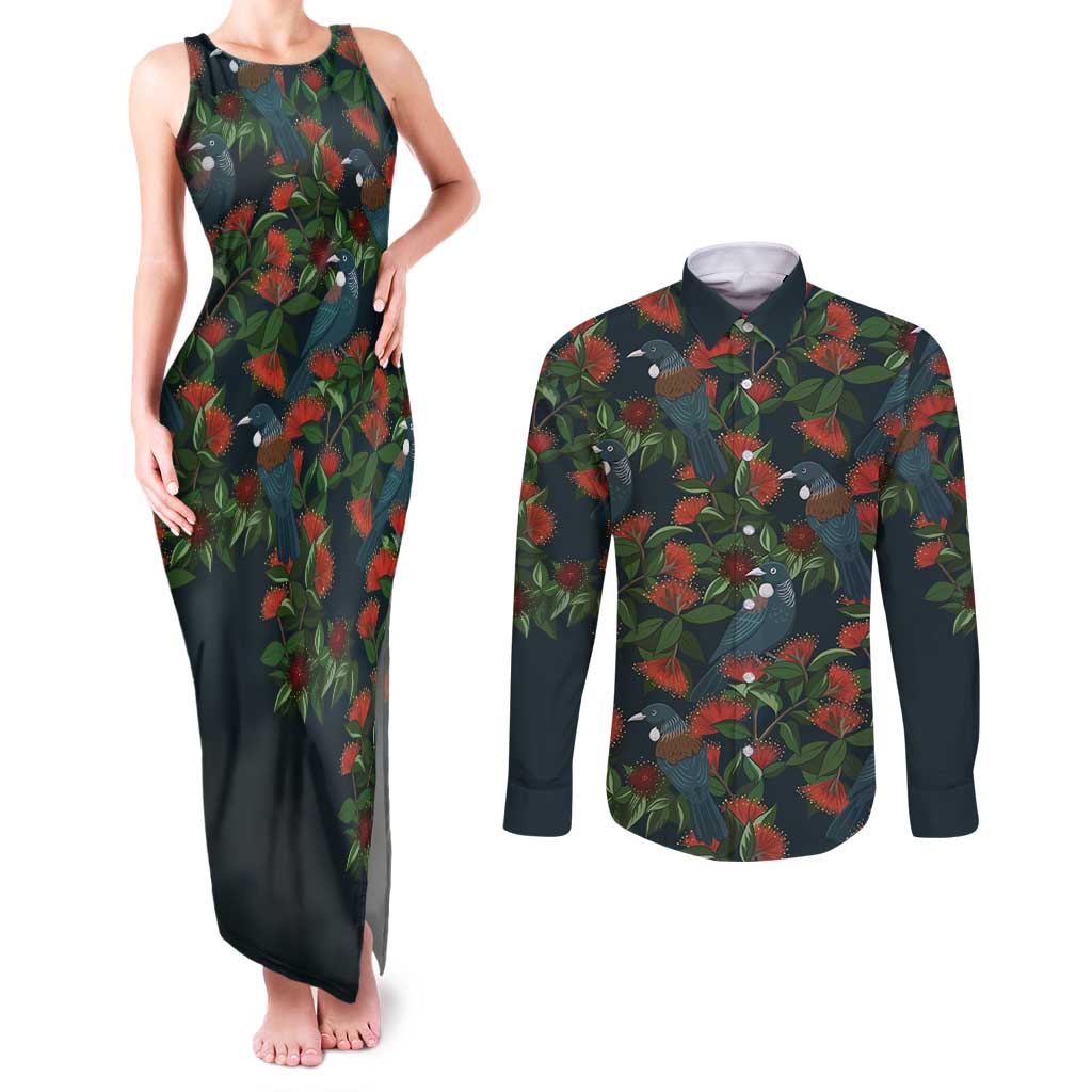 New Zealand Christmas Couples Matching Tank Maxi Dress and Long Sleeve Button Shirt Romantic Tui Birds on Pohutukawa - Cobalt - Aussie Hoodie