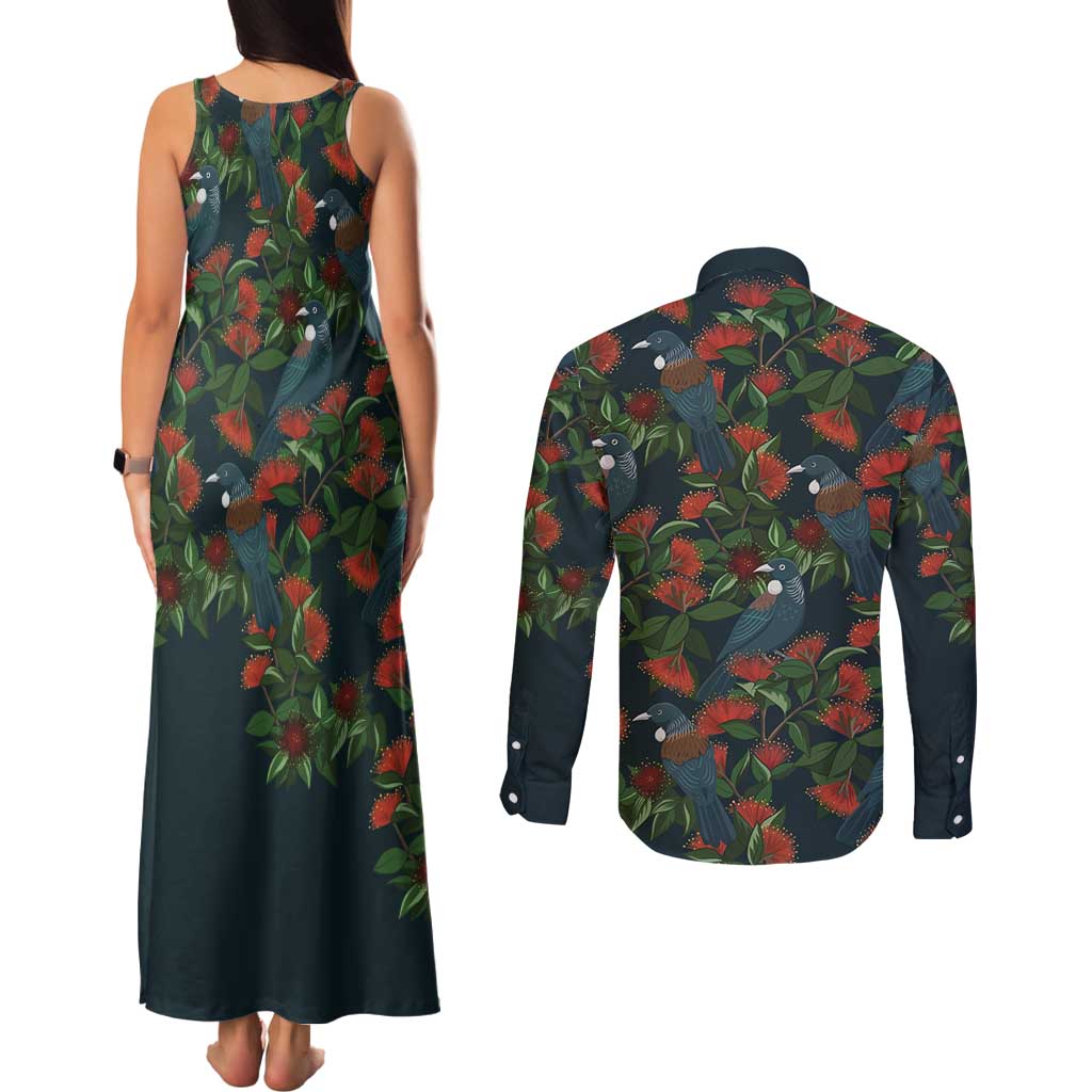 New Zealand Christmas Couples Matching Tank Maxi Dress and Long Sleeve Button Shirt Romantic Tui Birds on Pohutukawa - Cobalt - Aussie Hoodie