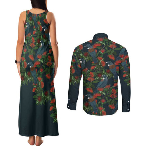 New Zealand Christmas Couples Matching Tank Maxi Dress and Long Sleeve Button Shirt Romantic Tui Birds on Pohutukawa - Cobalt - Aussie Hoodie