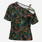 New Zealand Christmas Cross Shoulder Shirt Romantic Tui Birds on Pohutukawa - Cobalt - Aussie Hoodie