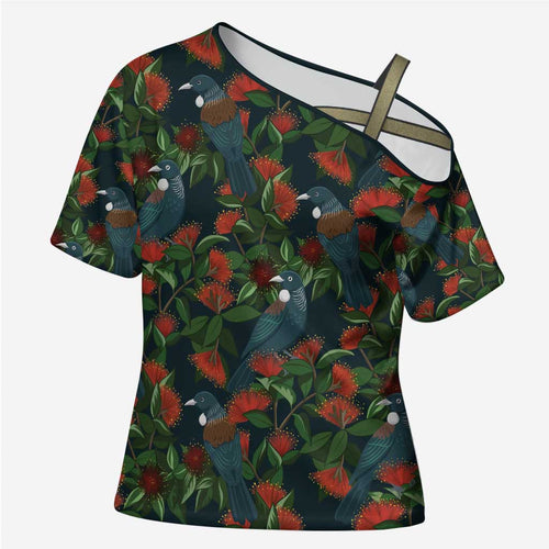 New Zealand Christmas Cross Shoulder Shirt Romantic Tui Birds on Pohutukawa - Cobalt - Aussie Hoodie