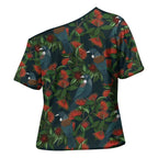 New Zealand Christmas Cross Shoulder Shirt Romantic Tui Birds on Pohutukawa - Cobalt - Aussie Hoodie